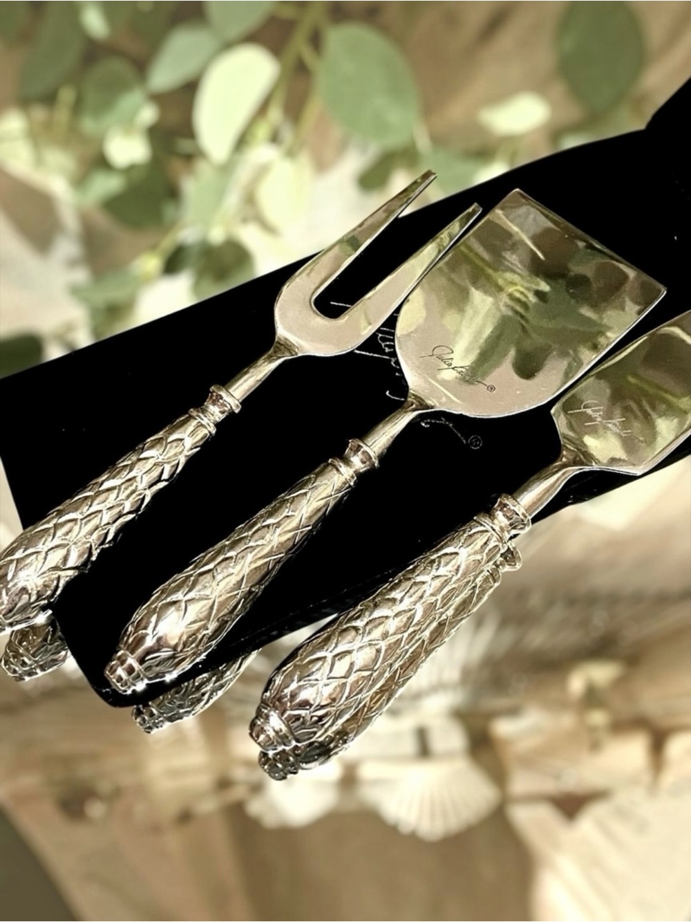 Vintage Julia Knight 3 Piece Cheese Serving Set Silver Florentine Charcuterie